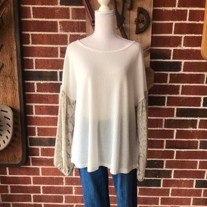 White Waffle Knit Top with Snake Skin Sleeves